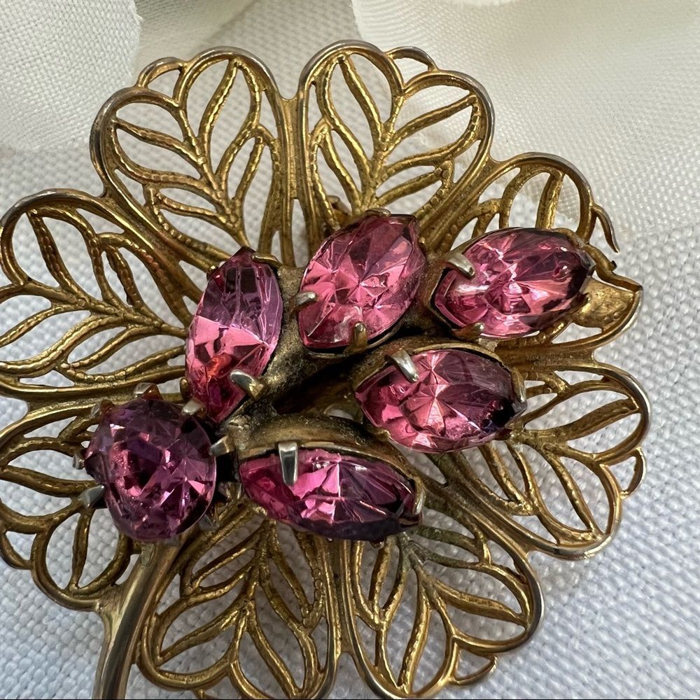 Vintage Marquise Cut Pink Stone Gold Tone Flower Brooch